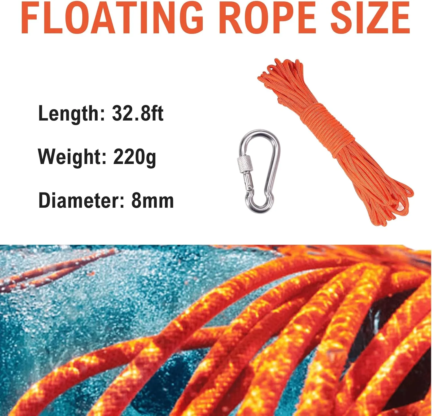 Floating Rope 5/16 in Marine Rope(6mm) 32 Ft Ropes for Boating with Hook for Fishing, Boating, Mooring, Camping, Hiking, Kayak(Orange)