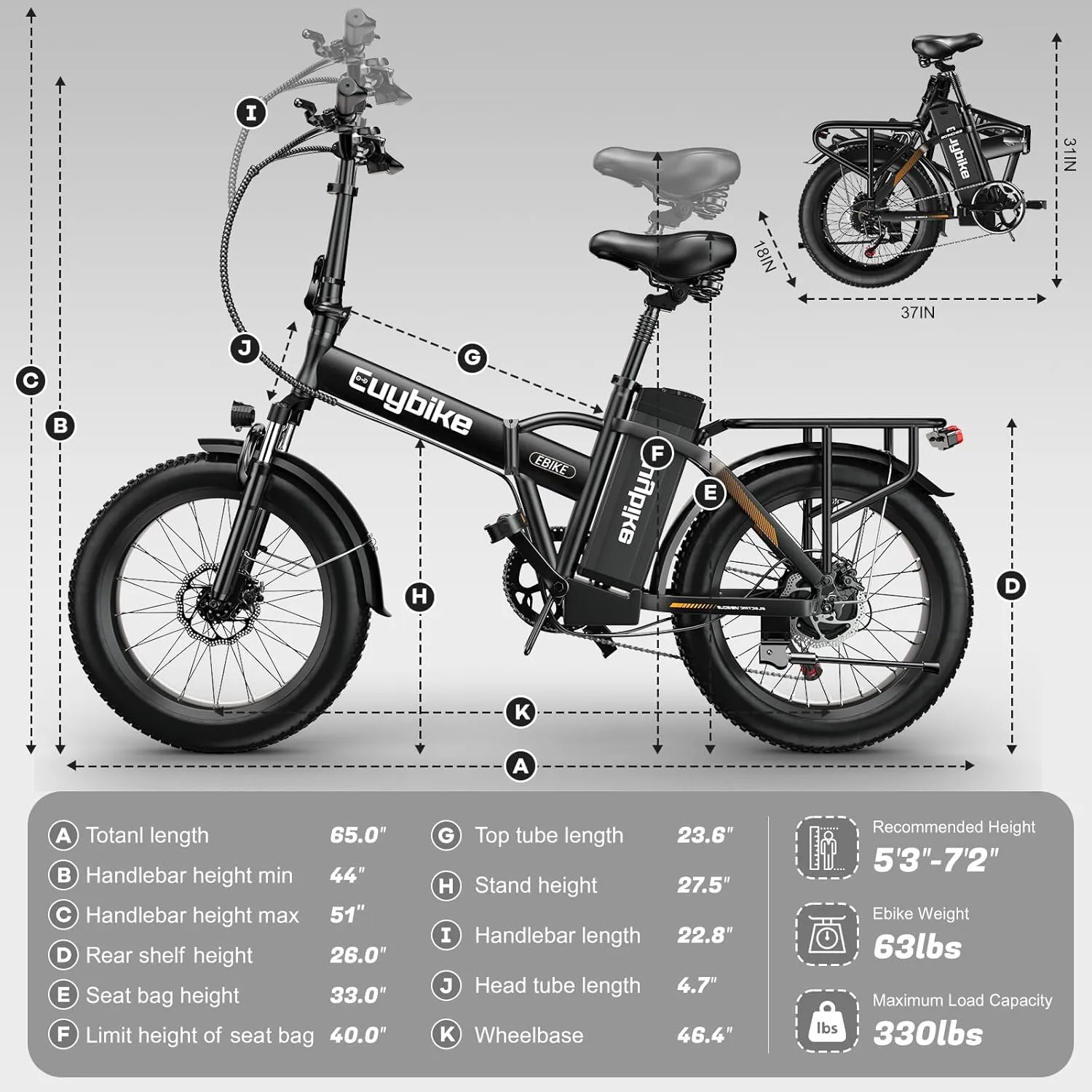 Foldable Electric Bike for Adults, 30 MPH, 48V 20Ah Removable Lithium Battery up to 80Miles, 20" Fat Tire 1000W Peak Motor Dirt Ebike Adult Electric Bicycle for Commute Beach Mountain E Bike