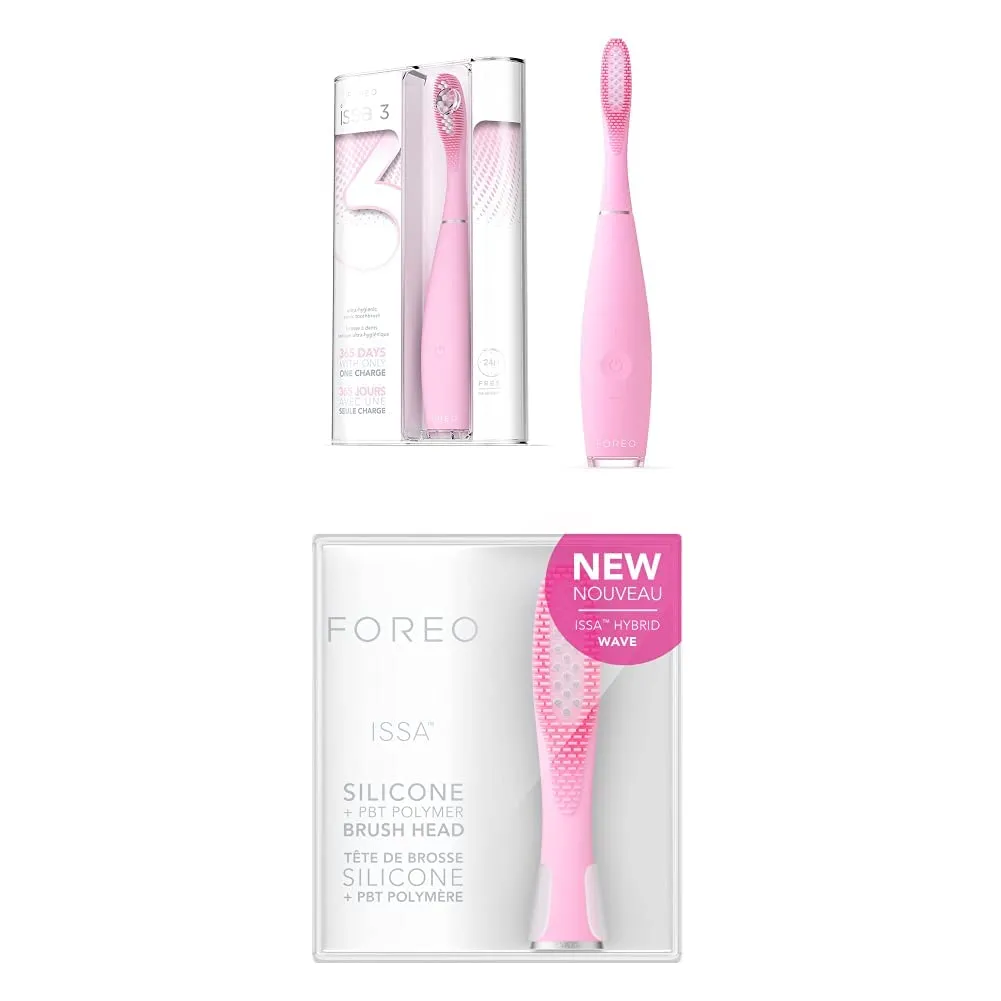 FOREO ISSA 3 Pink, Rechargeable Electric Ultra-Hygienic Sonic Toothbrush with Silicone & PBT Polymer BristlesFOREO ISSA Hybrid Wave Brush Head Pink, Medical-