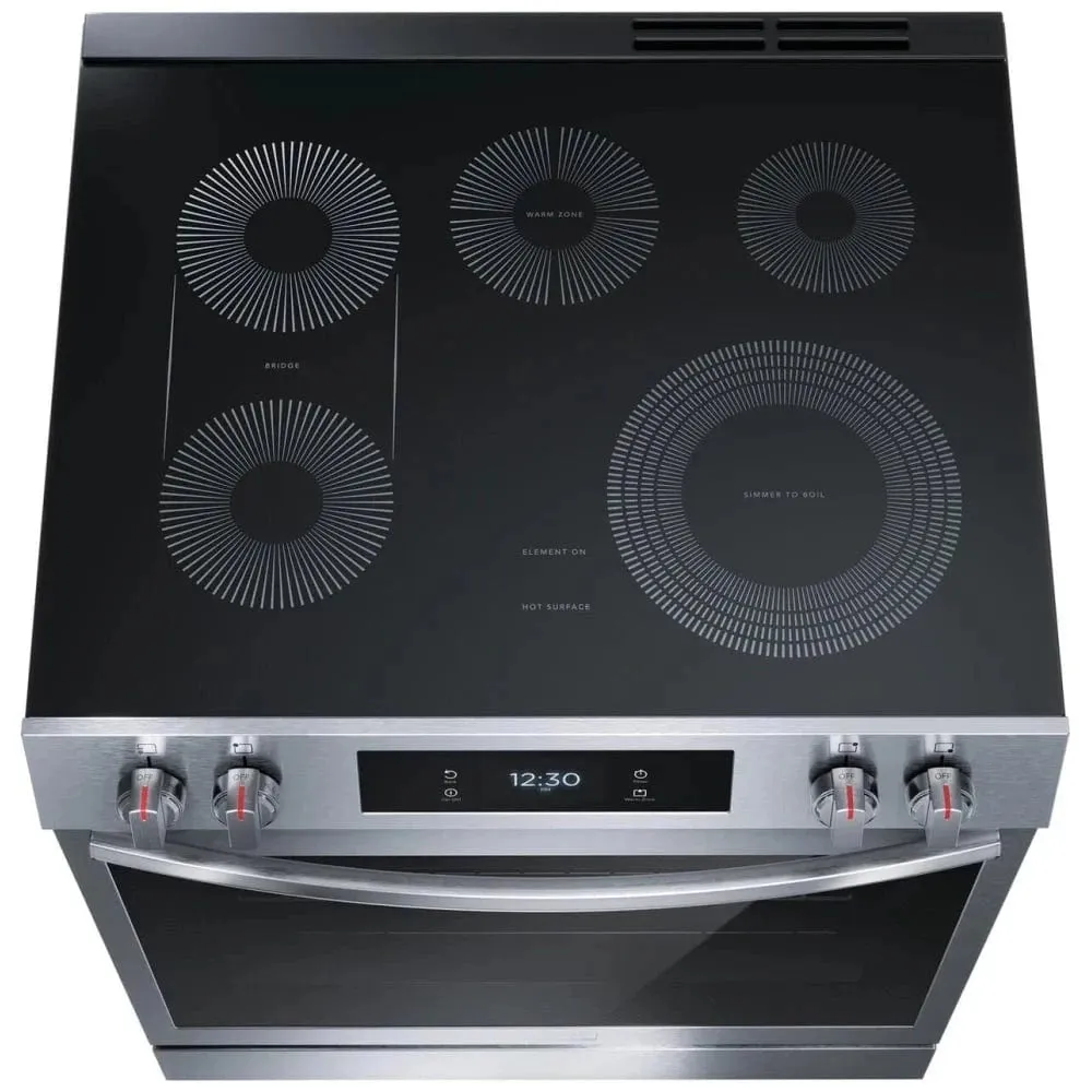 Frigidaire Gallery GCFE306CBF Electric Range, 6.2 cu. ft. Capacity, 30 inch Exterior Width, Self Clean, Convection, 5 Burners, Storage Drawer, Air Fry, 3,200 Watts Highest Burner Element, Stainless Steel color Steam Cooking, Air Sous Vide