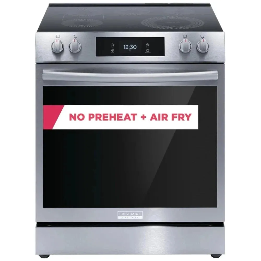 Frigidaire Gallery GCFE306CBF Electric Range, 6.2 cu. ft. Capacity, 30 inch Exterior Width, Self Clean, Convection, 5 Burners, Storage Drawer, Air Fry, 3,200 Watts Highest Burner Element, Stainless Steel color Steam Cooking, Air Sous Vide