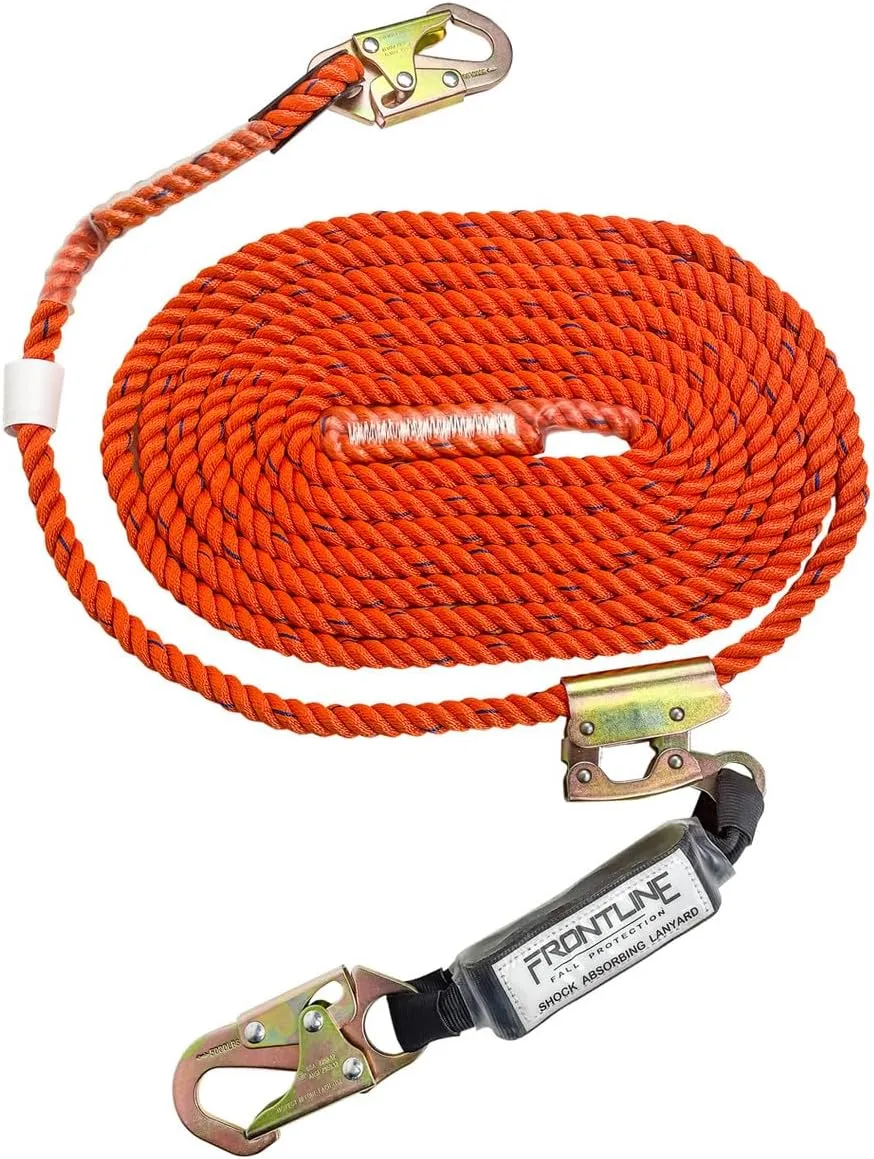 Frontline VLP50R3L Premium Vertical Lifeline with Openable Rope Grab 50' and Shock Pack | High Tenacity Polyester Material | Double Locking Closing Mechanism | OSHA & ANSI Compliant