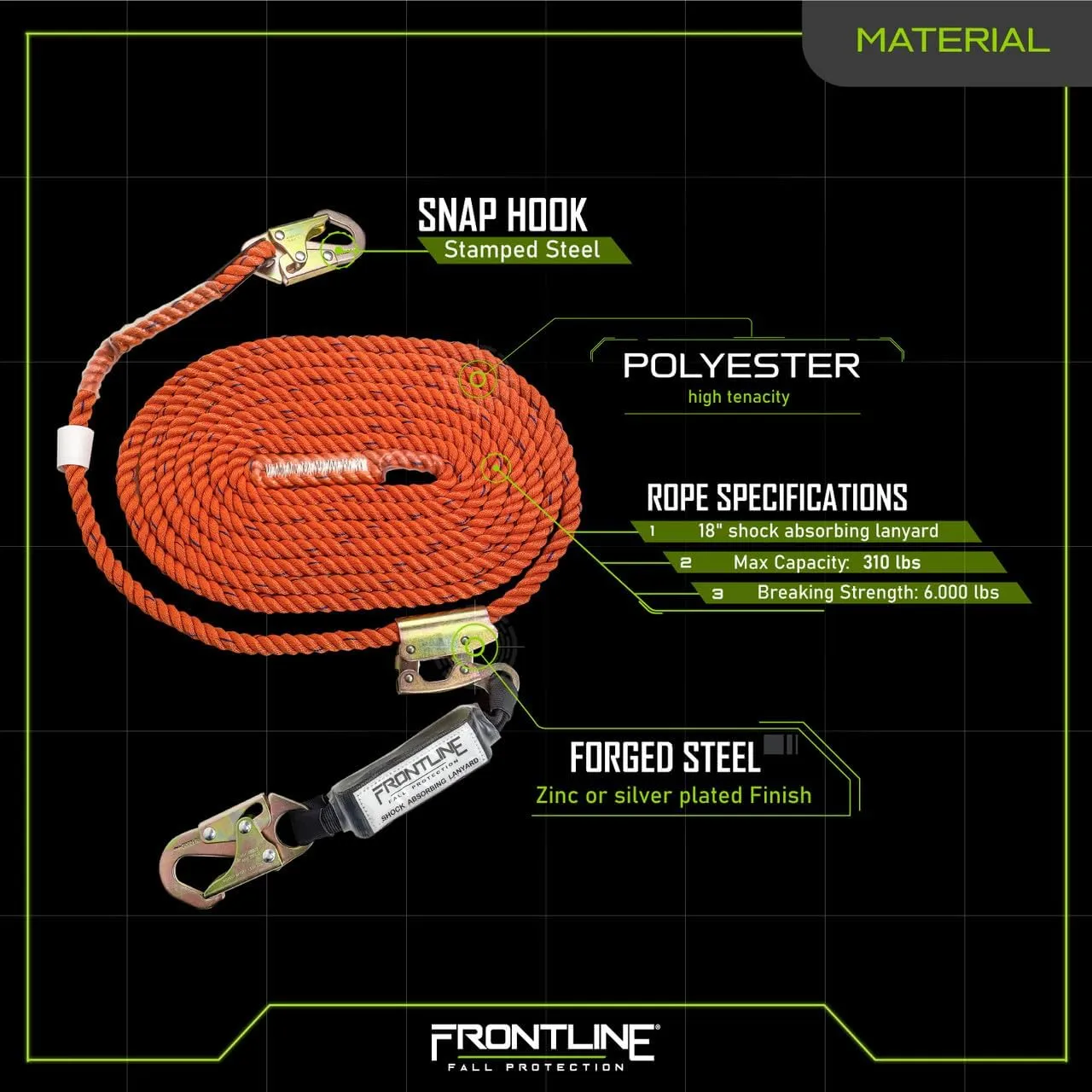 Frontline VLP50R3L Premium Vertical Lifeline with Openable Rope Grab 50' and Shock Pack | High Tenacity Polyester Material | Double Locking Closing Mechanism | OSHA & ANSI Compliant