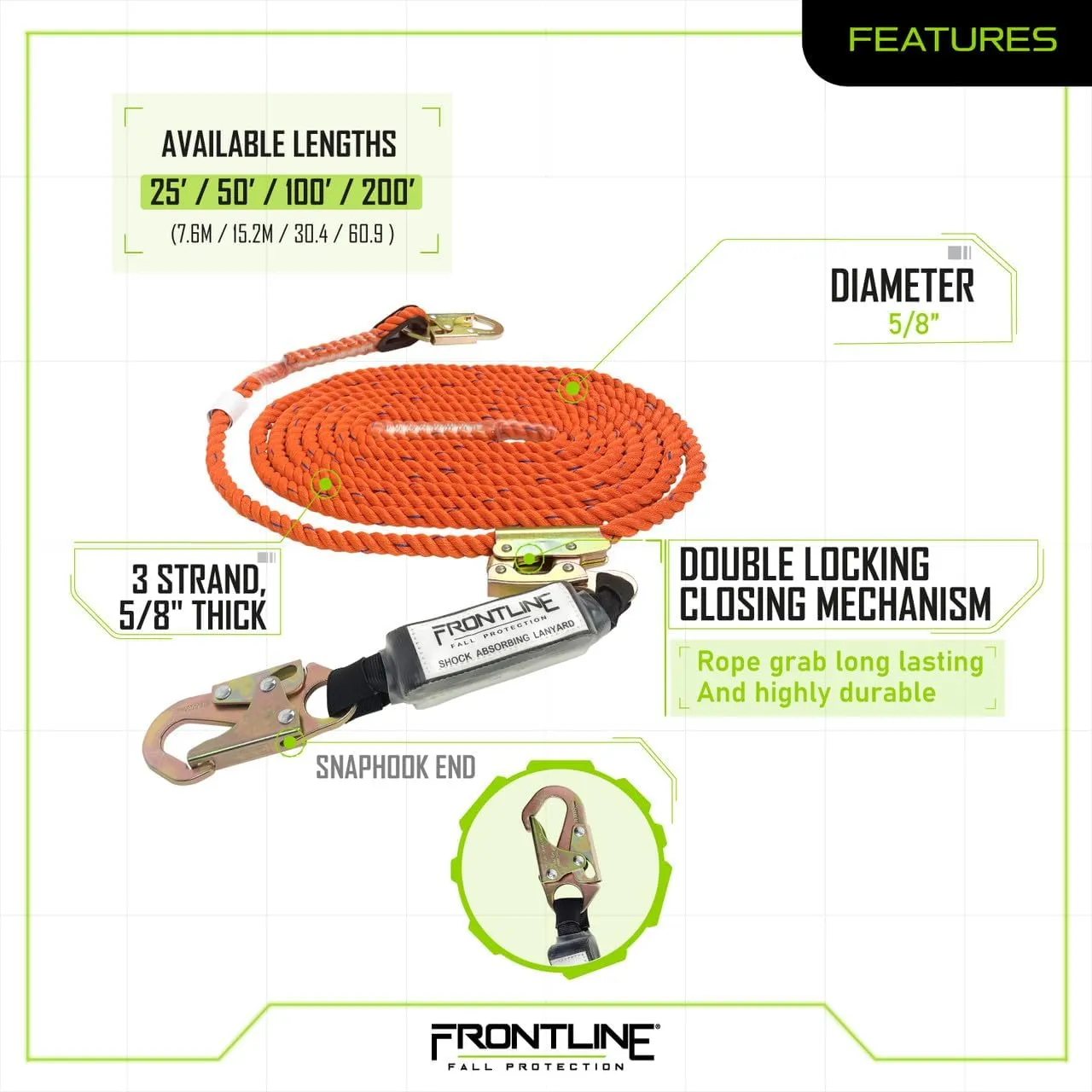 Frontline VLP50R3L Premium Vertical Lifeline with Openable Rope Grab 50' and Shock Pack | High Tenacity Polyester Material | Double Locking Closing Mechanism | OSHA & ANSI Compliant