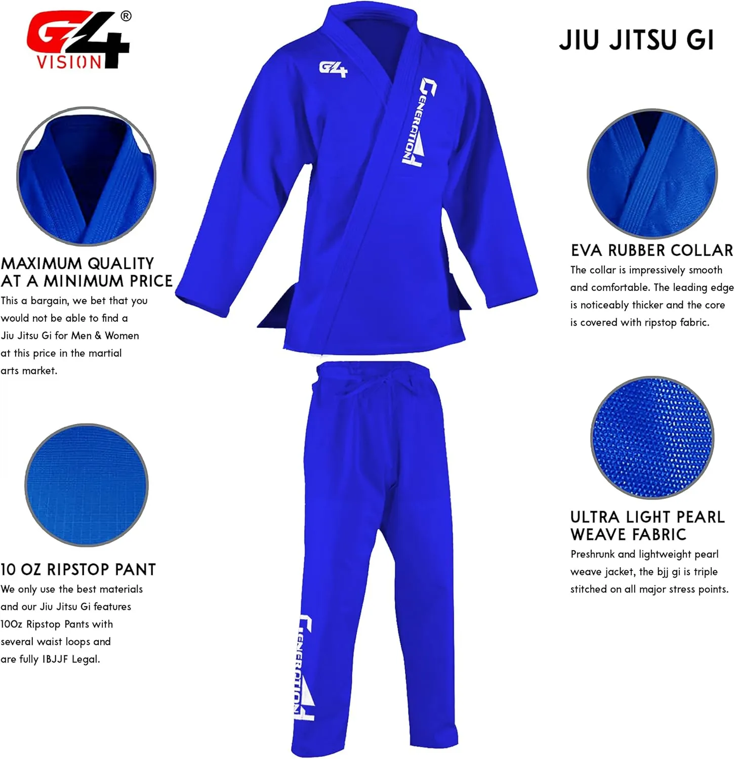 G4 VISION BJJ Jiu Jitsu Gi Mens Kids Brazilian Uniforms Suits Jujitsu Adult Uniform Preshrunk Youth Blue Black White Pink