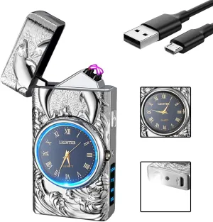 GADATOP Electric Lighters Rechargeable Cool Lighters Vintage Design Plasma Lighter with 3D Dolphin Clock LED Light for Camping Giving (Silver)