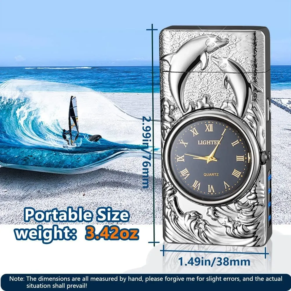 GADATOP Electric Lighters Rechargeable Cool Lighters Vintage Design Plasma Lighter with 3D Dolphin Clock LED Light for Camping Giving (Silver)