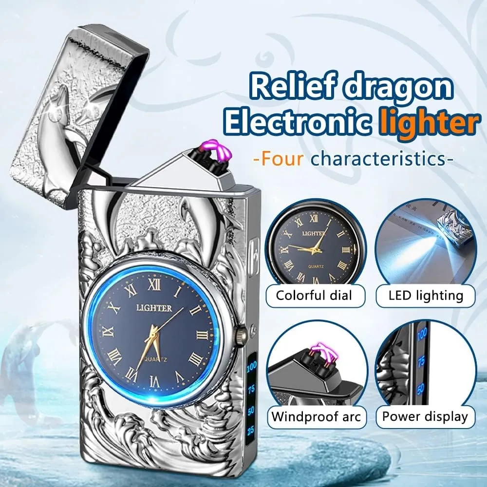 GADATOP Electric Lighters Rechargeable Cool Lighters Vintage Design Plasma Lighter with 3D Dolphin Clock LED Light for Camping Giving (Silver)
