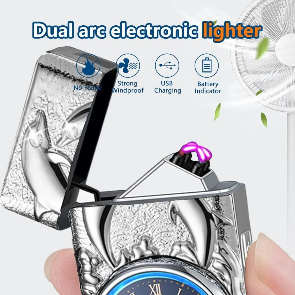 GADATOP Electric Lighters Rechargeable Cool Lighters Vintage Design Plasma Lighter with 3D Dolphin Clock LED Light for Camping Giving (Silver)