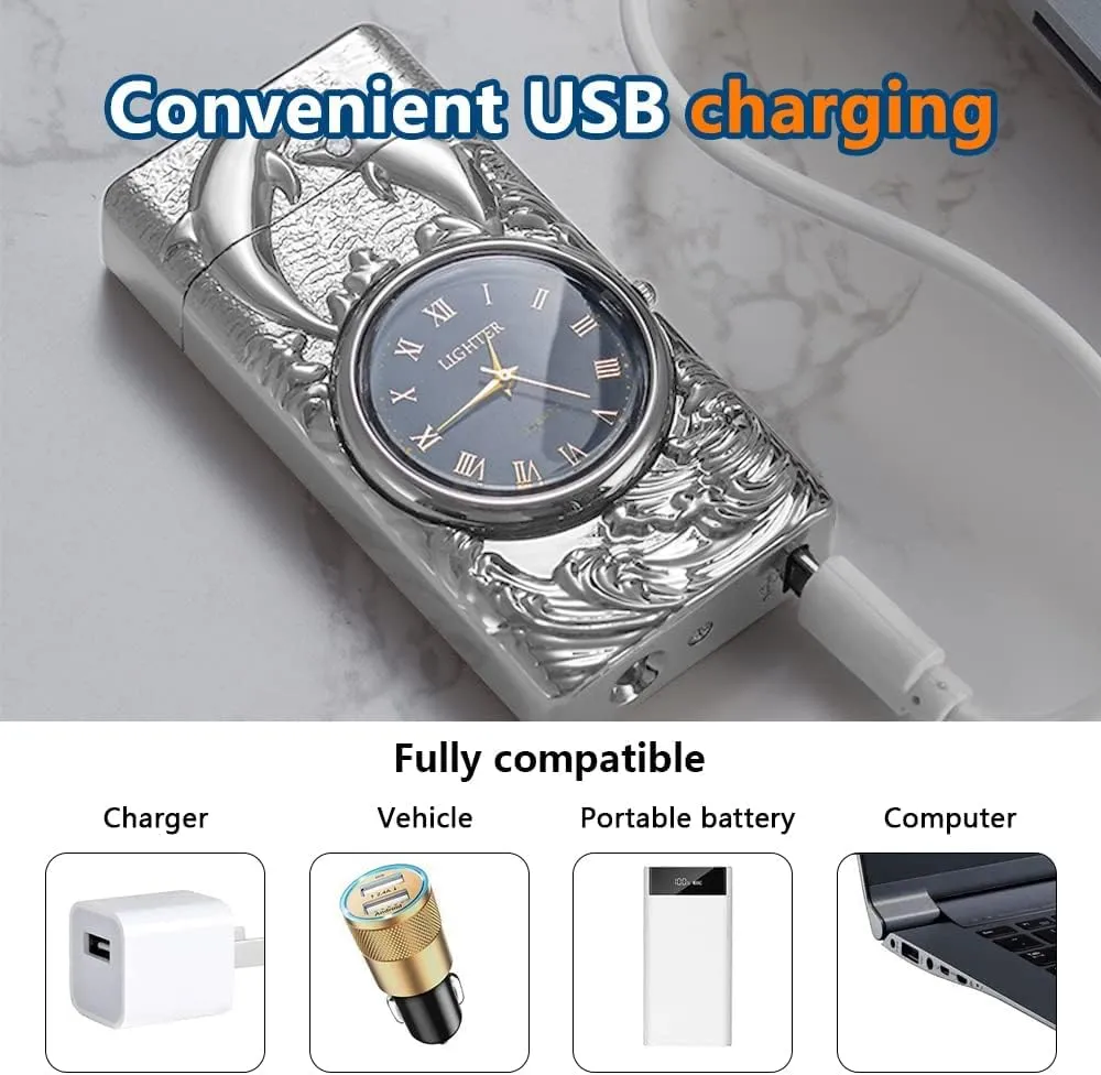 GADATOP Electric Lighters Rechargeable Cool Lighters Vintage Design Plasma Lighter with 3D Dolphin Clock LED Light for Camping Giving (Silver)