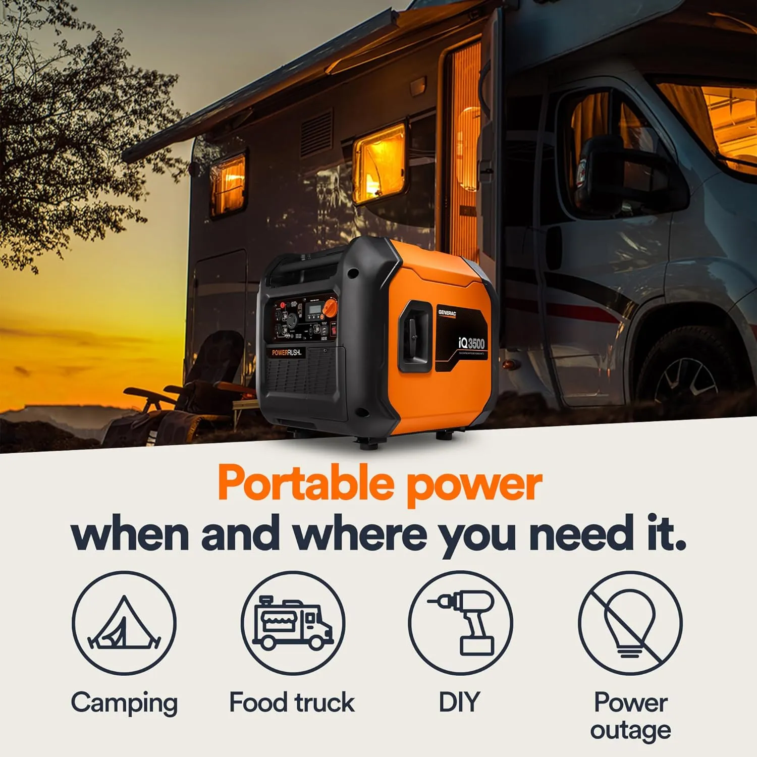 Generac 3,500-Watt Gas-Powered Portable Inverter Generator - Electric Start - Lightweight Enclosure Design for Ultra-Quiet Performance - COsense Technology - Perfect for Home use - Orange/Black