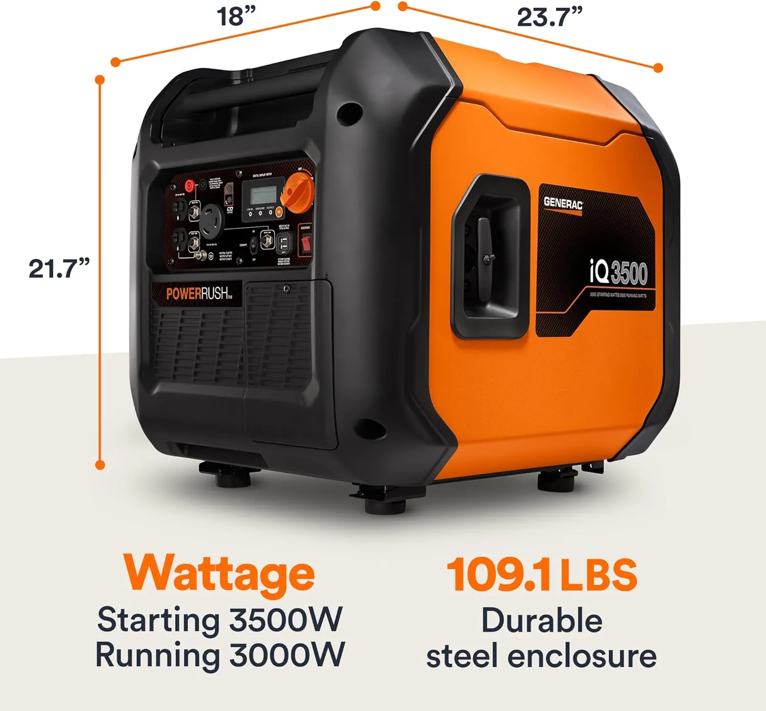 Generac 3,500-Watt Gas-Powered Portable Inverter Generator - Electric Start - Lightweight Enclosure Design for Ultra-Quiet Performance - COsense Technology - Perfect for Home use - Orange/Black