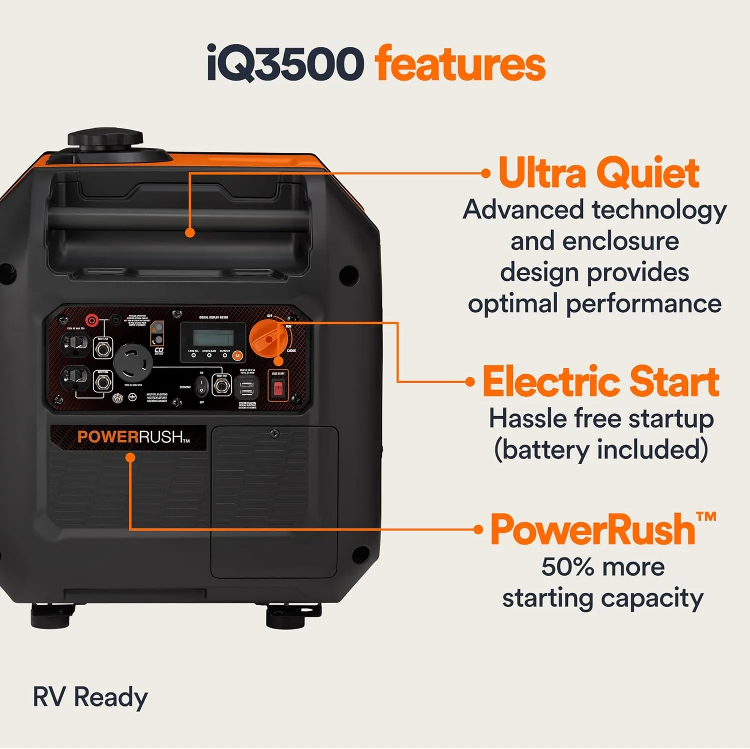 Generac 3,500-Watt Gas-Powered Portable Inverter Generator - Electric Start - Lightweight Enclosure Design for Ultra-Quiet Performance - COsense Technology - Perfect for Home use - Orange/Black