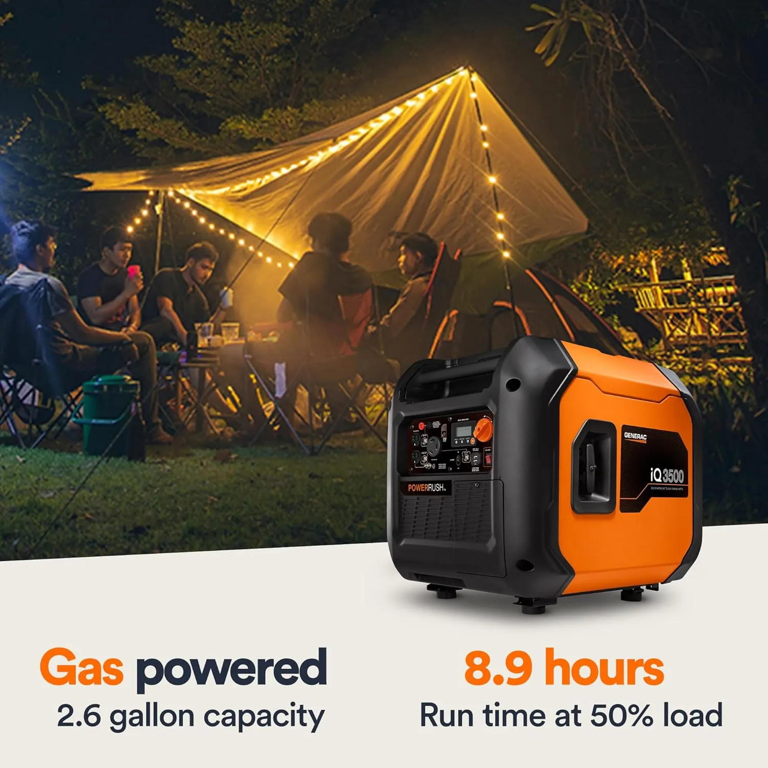 Generac 3,500-Watt Gas-Powered Portable Inverter Generator - Electric Start - Lightweight Enclosure Design for Ultra-Quiet Performance - COsense Technology - Perfect for Home use - Orange/Black