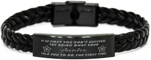 GIFTVILLE & SURPRISE Auntie Braided Leather Bracelet, If at first you don't succeed, try doing what your athletic trainer told you to do the first time., Laser Engraved, Stainless Steel Wristband