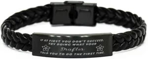 GIFTVILLE & SURPRISE Drafter Braided Leather Bracelet, If at first you don't succeed, try doing what your athletic trainer told you to do the first time., Laser Engraved, Stainless Steel Wristband