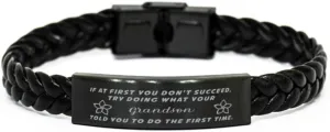 GIFTVILLE & SURPRISE Grandson Braided Leather Bracelet, If at first you don't succeed, try doing what your athletic trainer told you to do the first time., Laser Engraved, Stainless Steel Wristband