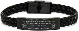 GIFTVILLE & SURPRISE Ski Patrol Braided Leather Bracelet, If at first you don't succeed, try doing what your athletic trainer told you to do the first time., Laser Engraved, Stainless Steel Wristband