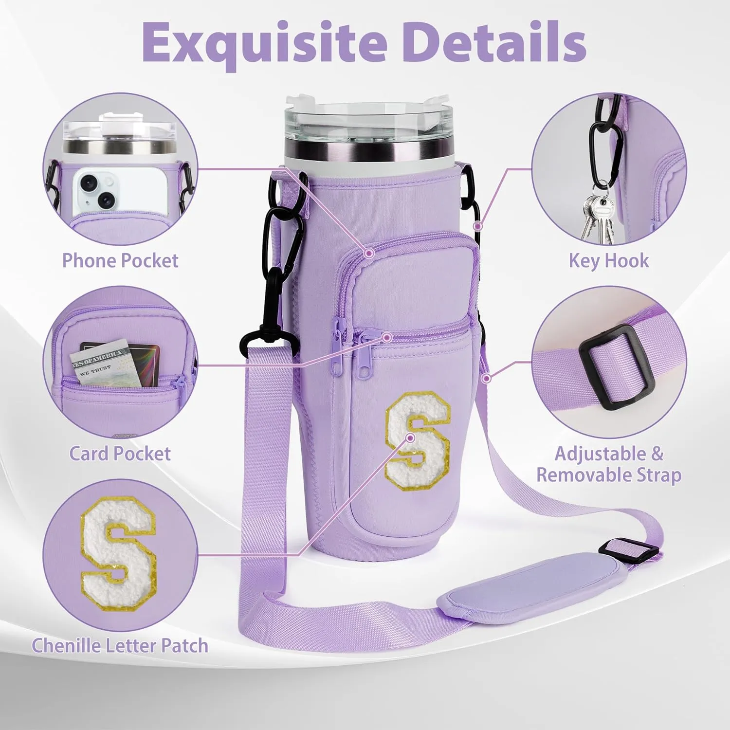 Glitter Initial Water Bottle Sling Bag with Phone Pocket for Stanley 40oz Cup Accessories, Preppy Water Bottle Holder Bag with Shoulder Strap Personalized Gift for Women and Girls (Purple J)