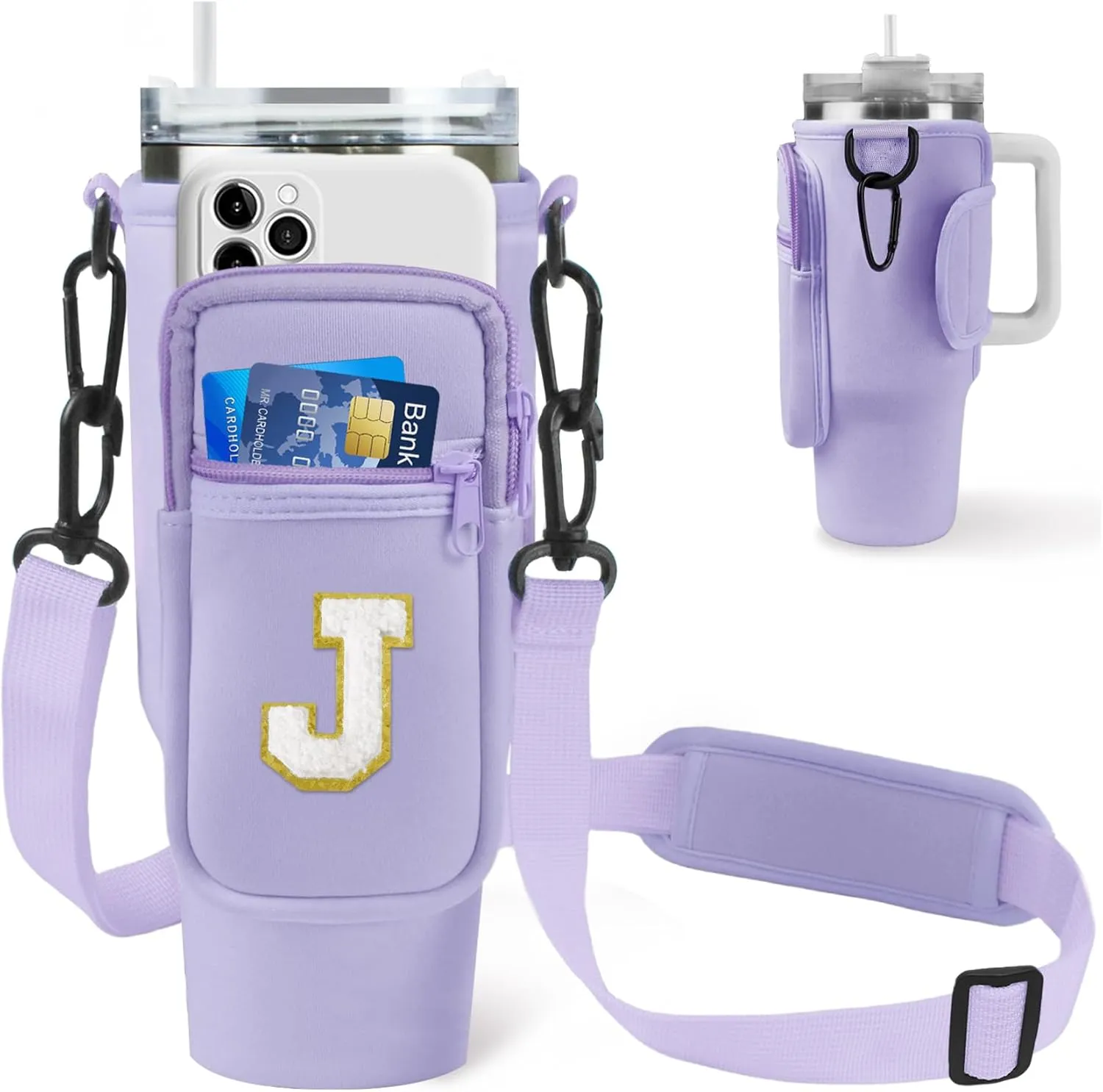 Glitter Initial Water Bottle Sling Bag with Phone Pocket for Stanley 40oz Cup Accessories, Preppy Water Bottle Holder Bag with Shoulder Strap Personalized Gift for Women and Girls (Purple J)