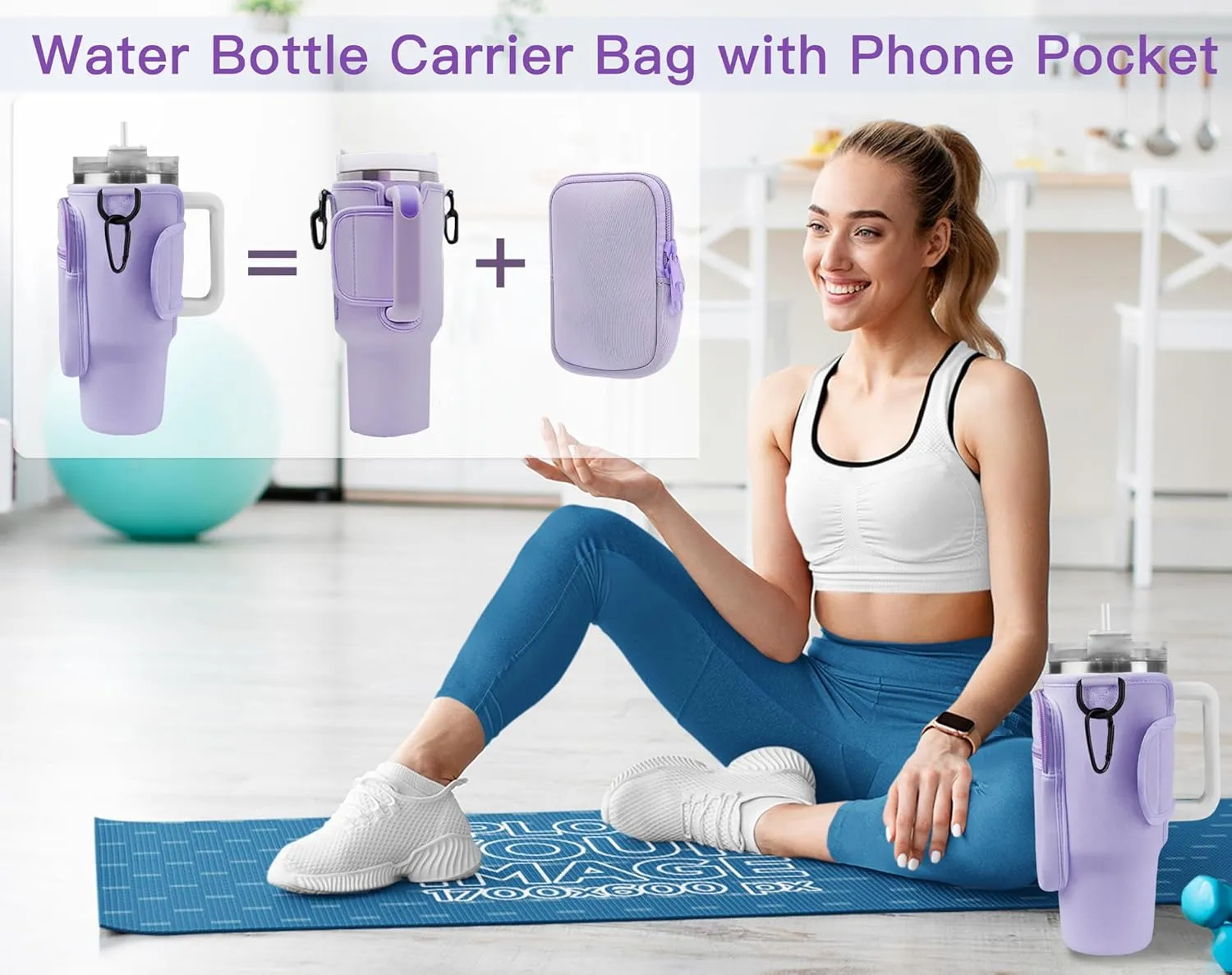 Glitter Initial Water Bottle Sling Bag with Phone Pocket for Stanley 40oz Cup Accessories, Preppy Water Bottle Holder Bag with Shoulder Strap Personalized Gift for Women and Girls (Purple J)