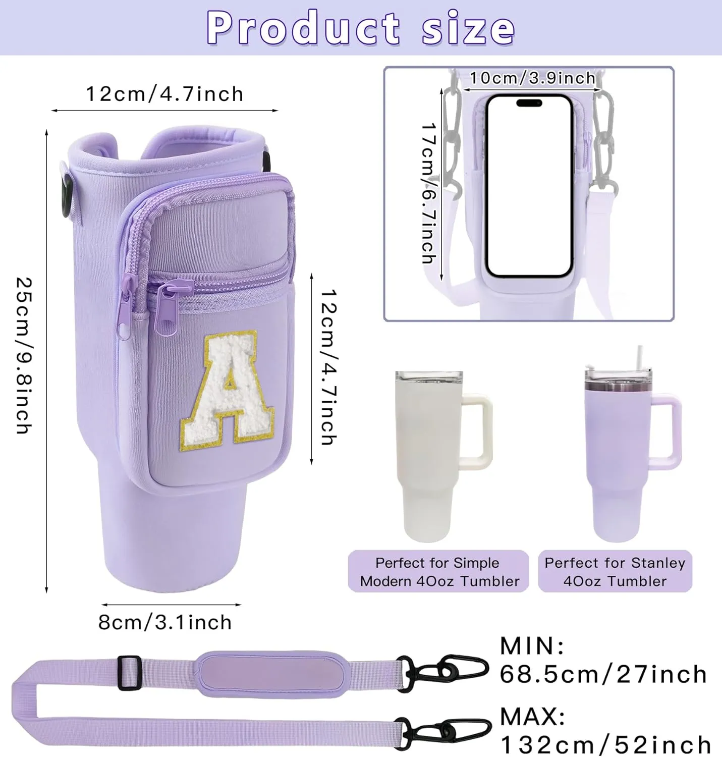 Glitter Initial Water Bottle Sling Bag with Phone Pocket for Stanley 40oz Cup Accessories, Preppy Water Bottle Holder Bag with Shoulder Strap Personalized Gift for Women and Girls (Purple J)