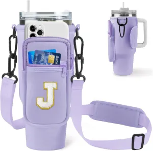 Glitter Initial Water Bottle Sling Bag with Phone Pocket for Stanley 40oz Cup Accessories, Preppy Water Bottle Holder Bag with Shoulder Strap Personalized Gift for Women and Girls (Purple J)