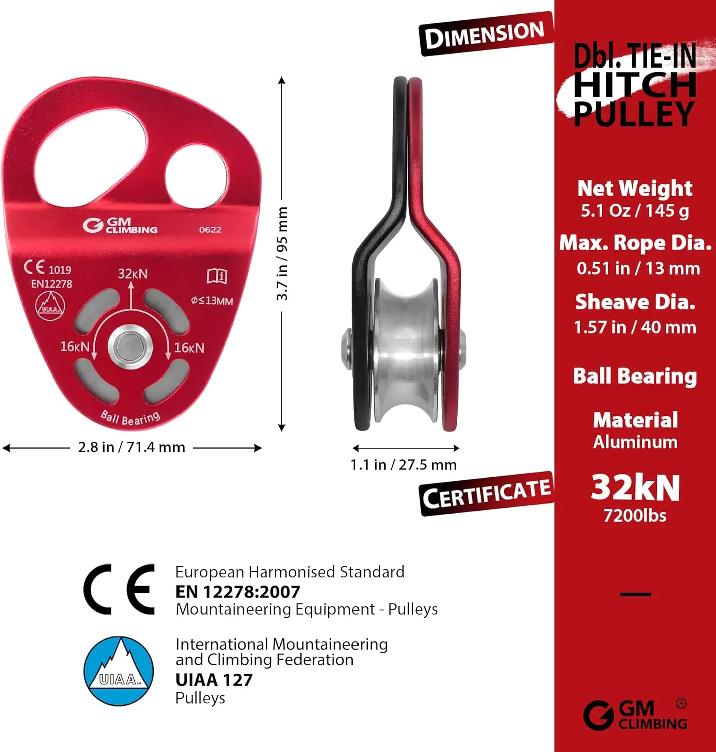 GM CLIMBING 32kN Double Tie-in Hitch Pulley CE UIAA Certified Hitch Tender Advance Prusiks for Arborist Tree Climbing Positioning Lanyards