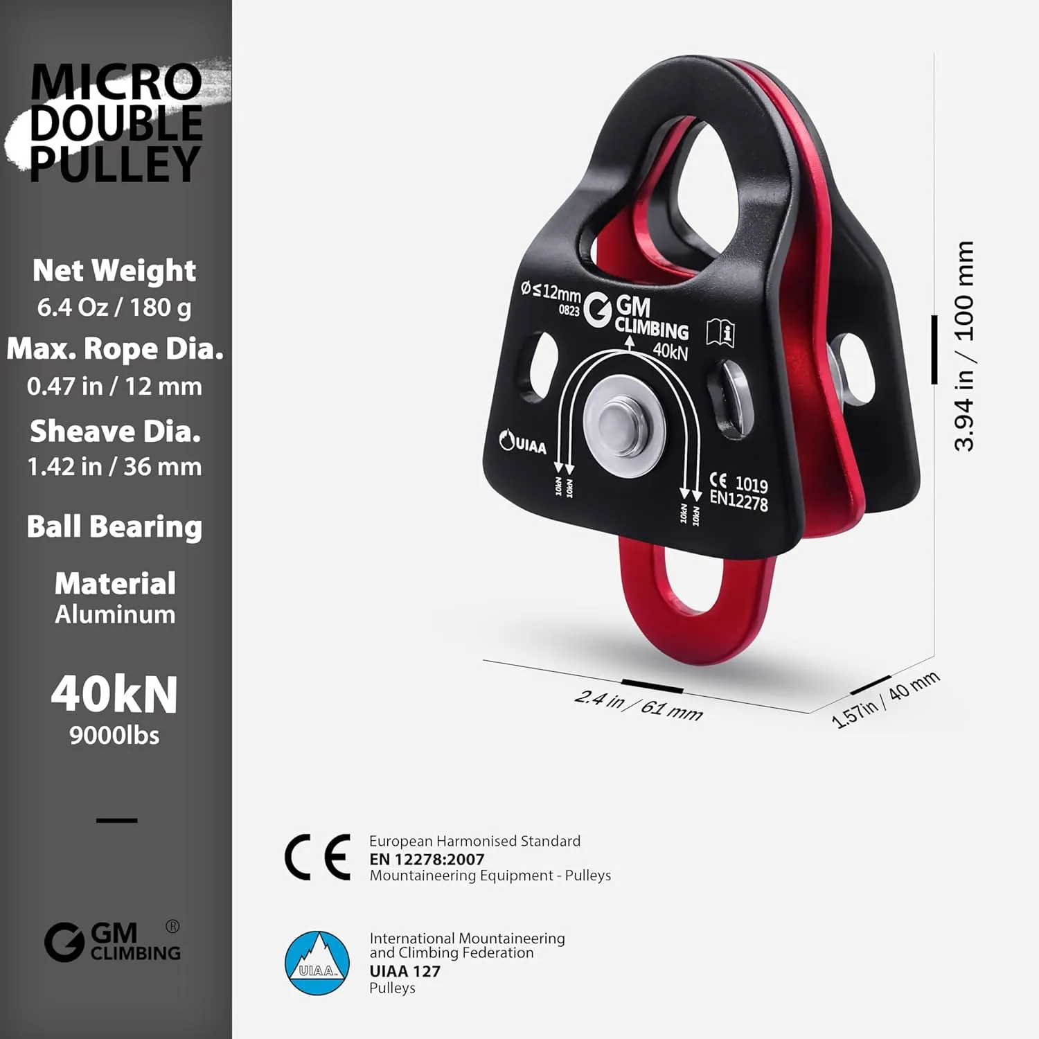 GM CLIMBING 40kN Micro Double Pulley Prusik Minding Ball Bearing UIAA CE for Progress Capture System Rigging Hauling Rescue Arborist Tree Climbing