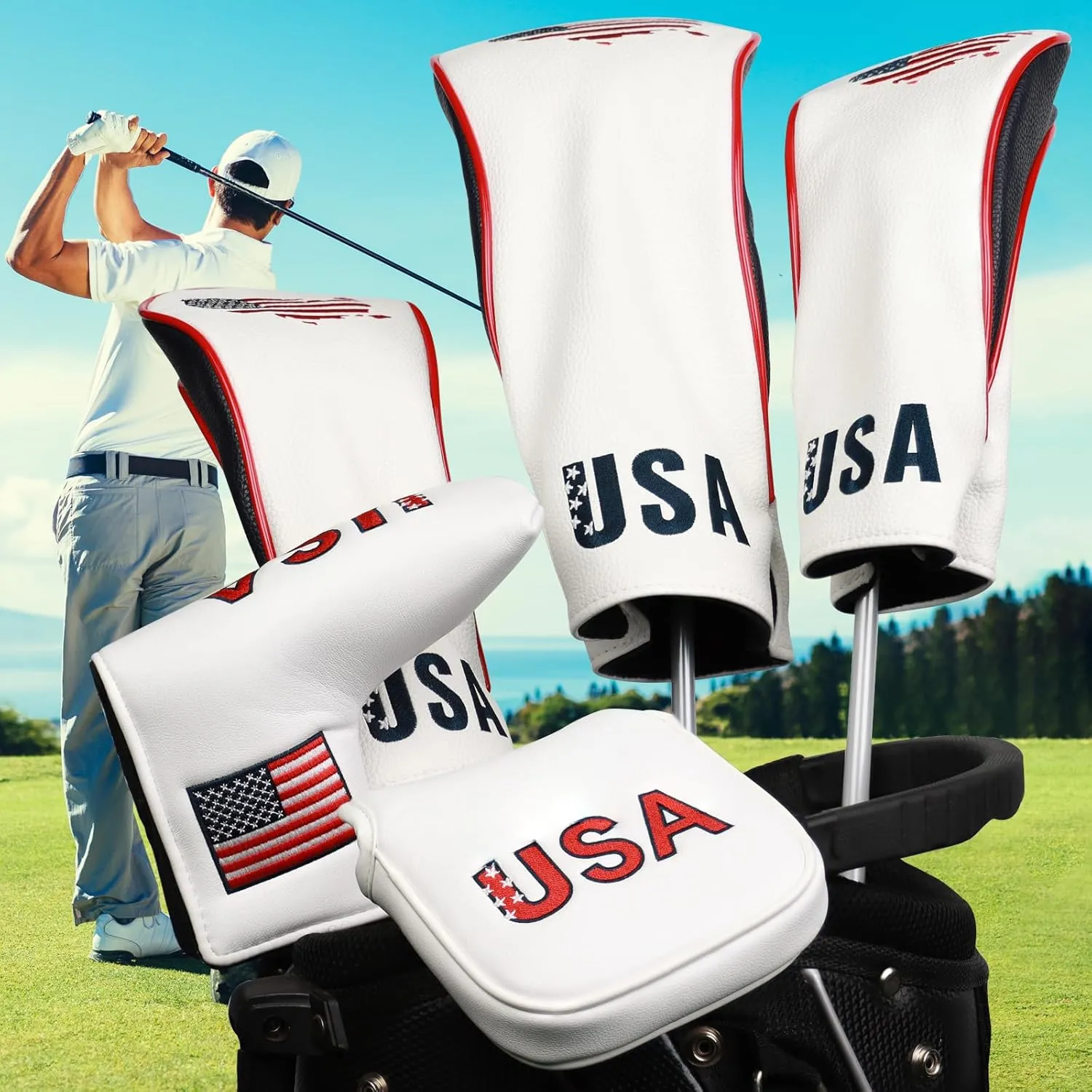 Golf Club Head Covers,4pcs or 1pc USA Golf Head Covers for Woods and Driver Fairway Hybrid - PU Leather Mallet Blade Putter for Men Women Golf Enthusiast