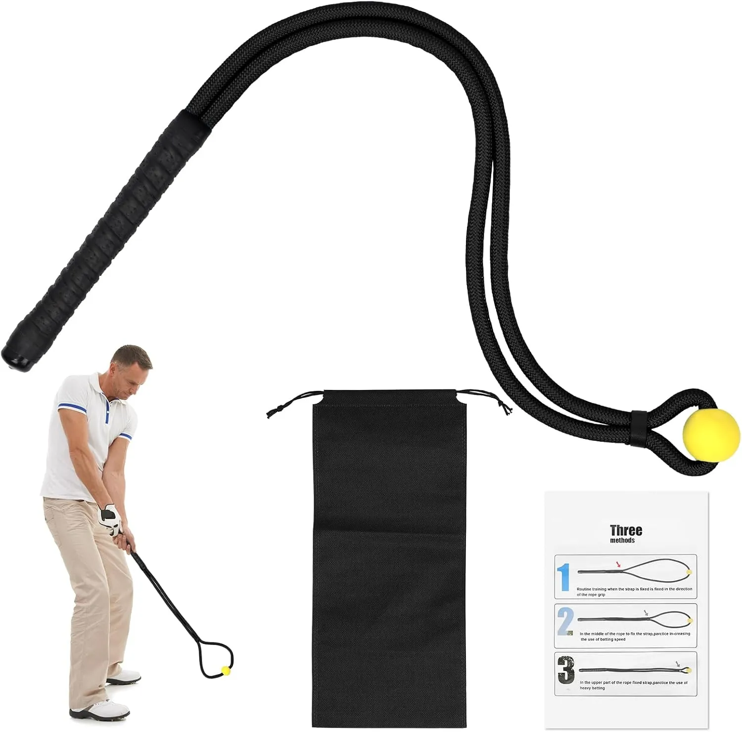 Golf Rope Swing Trainer, Professional Portable Golf Rope Swing Training Aid Accessory with Storage Bag Warm-up Equipment for Golfers Bat Strength Control & Speed Improvement (Black)