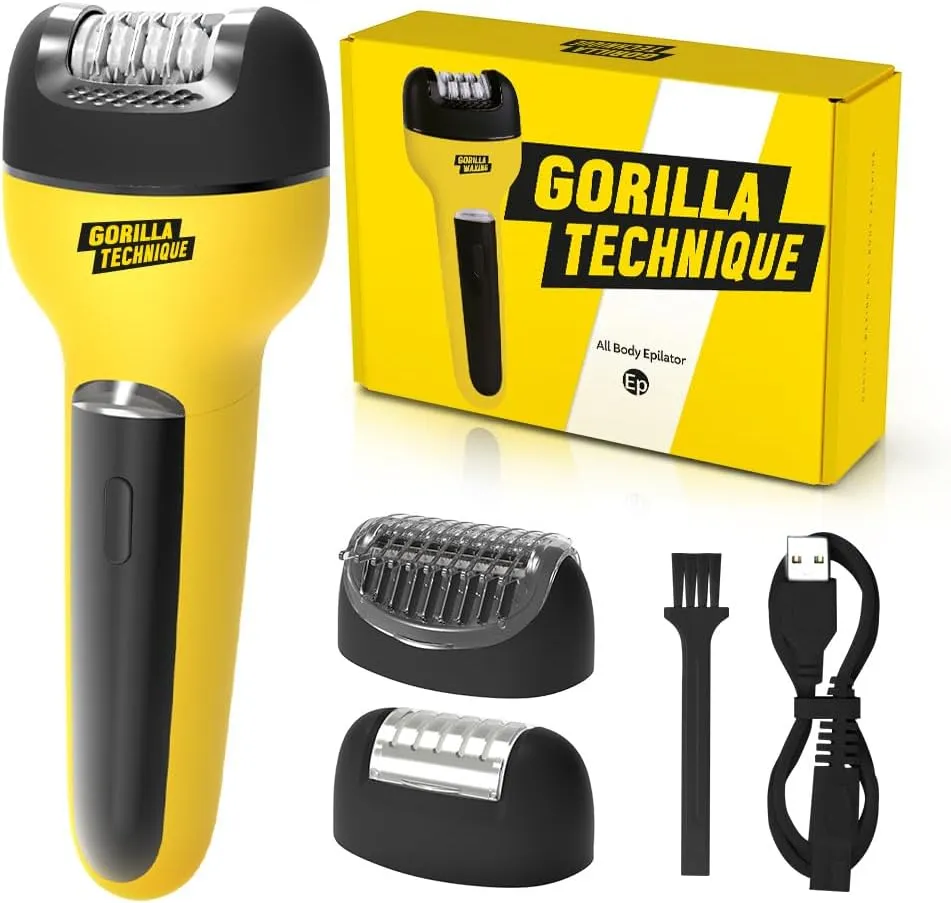 Gorilla Technique 3-in-1 Epilator, Wet & Dry Facial & Body Hair Removal Device, Cordless Rechargeable Electric Tweezers & Shaver & Callus Remover for Women & Men, One, Black & Yellow