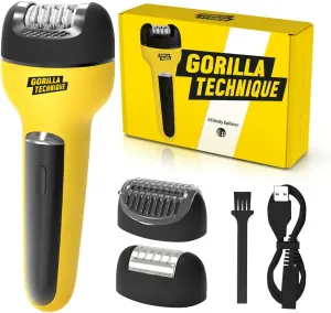Gorilla Technique 3-in-1 Epilator, Wet & Dry Facial & Body Hair Removal Device, Cordless Rechargeable Electric Tweezers & Shaver & Callus Remover for Women & Men, One, Black & Yellow