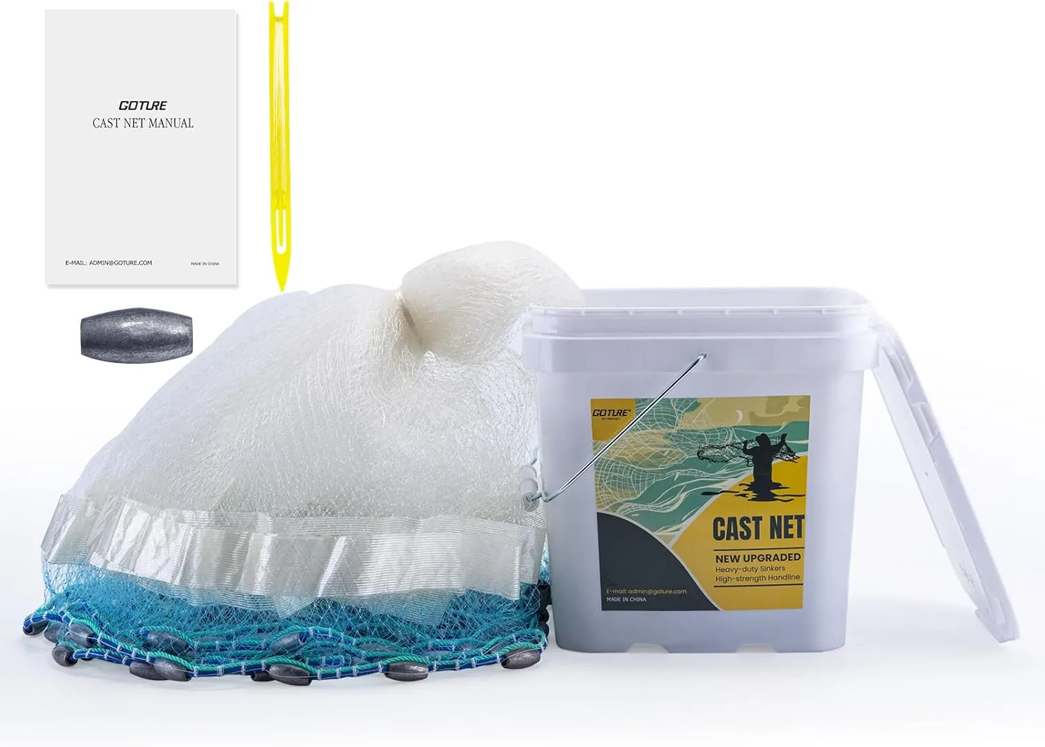 Goture American Fishing Cast Net Saltwater Freshwater, Heavy Duty Sinker, Dual Color Double Selvage, Increased Cast Net Area, 3/8 Mesh Fish Throw Cast Net with Needle for Shrimp Trap, 3ft-12ft Radius