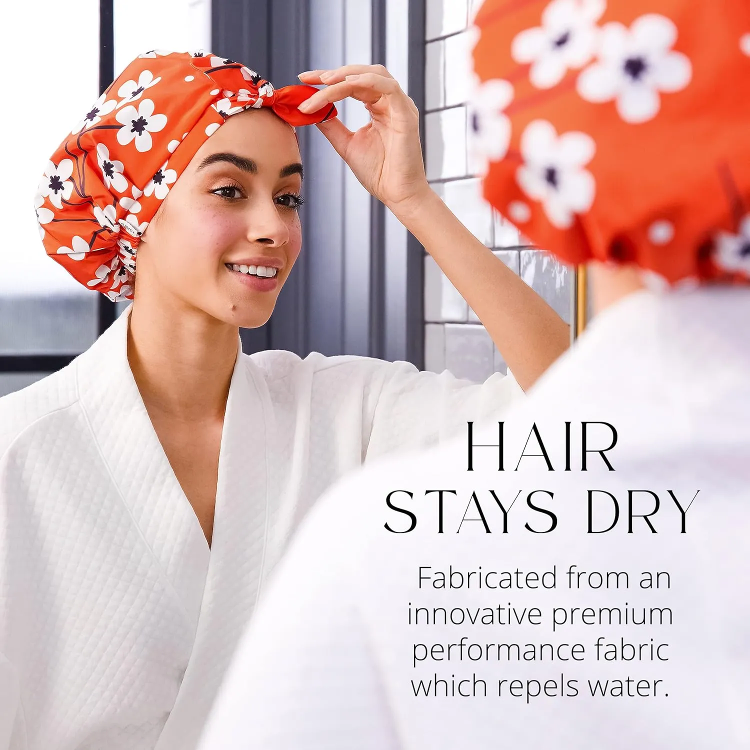 GRACE & COMPANY Luxury Shower Cap For Women - 100% Waterproof, Reusable, Washable & Breathable Shower Caps - Clementine