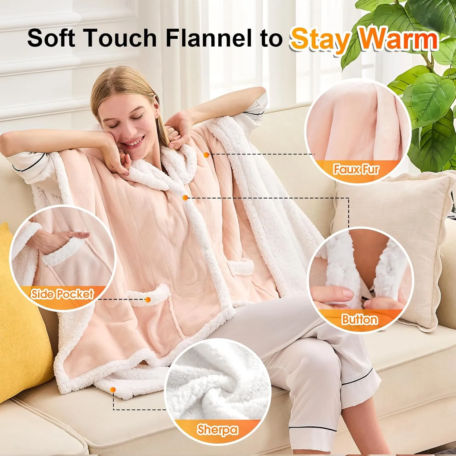 greenoak Wearable Heated Throw Blanket Electric Shawl - Heated Robe Poncho Blanket Hoodie for Adult, Winter Gifts for Mom Women Girlfriend Grandma, Warm Sherpa with Pockets, 5-Position Timer,Pink