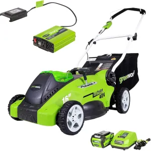 Greenworks 40V 16" Cordless Electric Lawn Mower   40V (300W) Power Inverter, 4.0Ah Battery and Charger Included