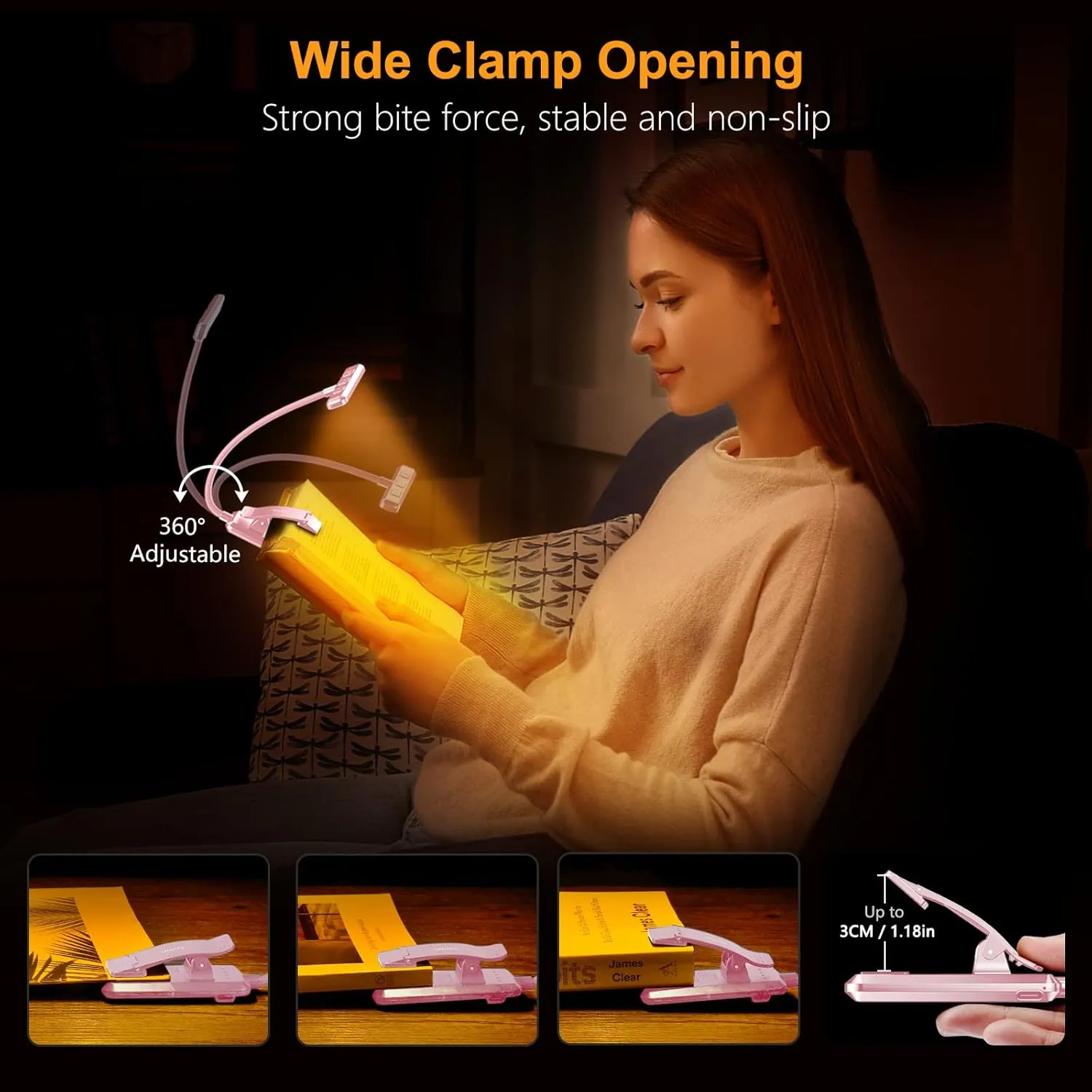 Gritin 19 LED Rechargeable Book Light for Reading in Bed with Memory Function- Eye Caring 3 Color Temperatures,Stepless Dimming Brightness,80 Hrs Runtime Clip on Light for Book Lovers-Pink