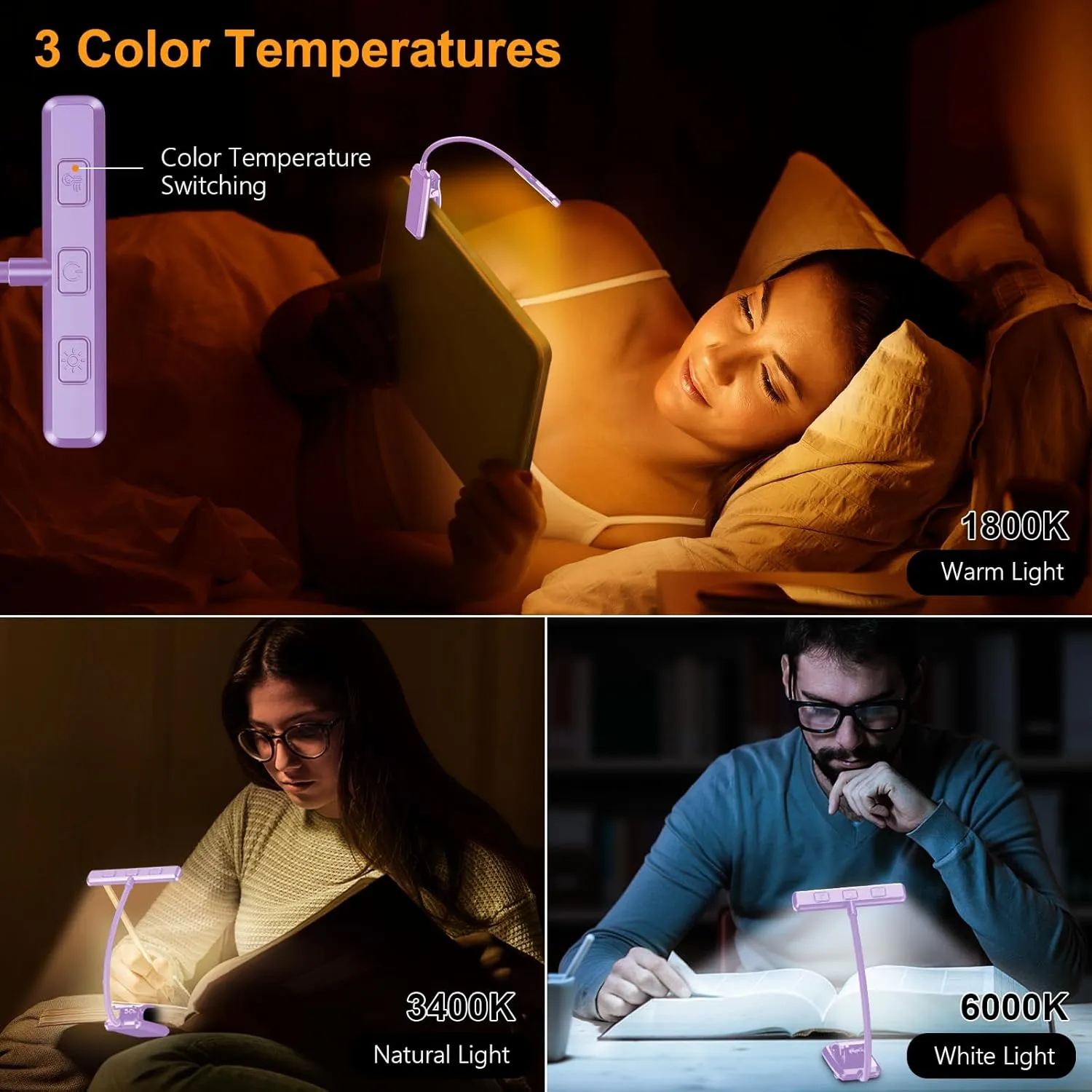 Gritin 19 LED Rechargeable Book Light for Reading in Bed with Memory Function- Eye Caring 3 Color Temperatures,Stepless Dimming Brightness,80 Hrs Runtime Clip on Light for Book Lovers-Purple
