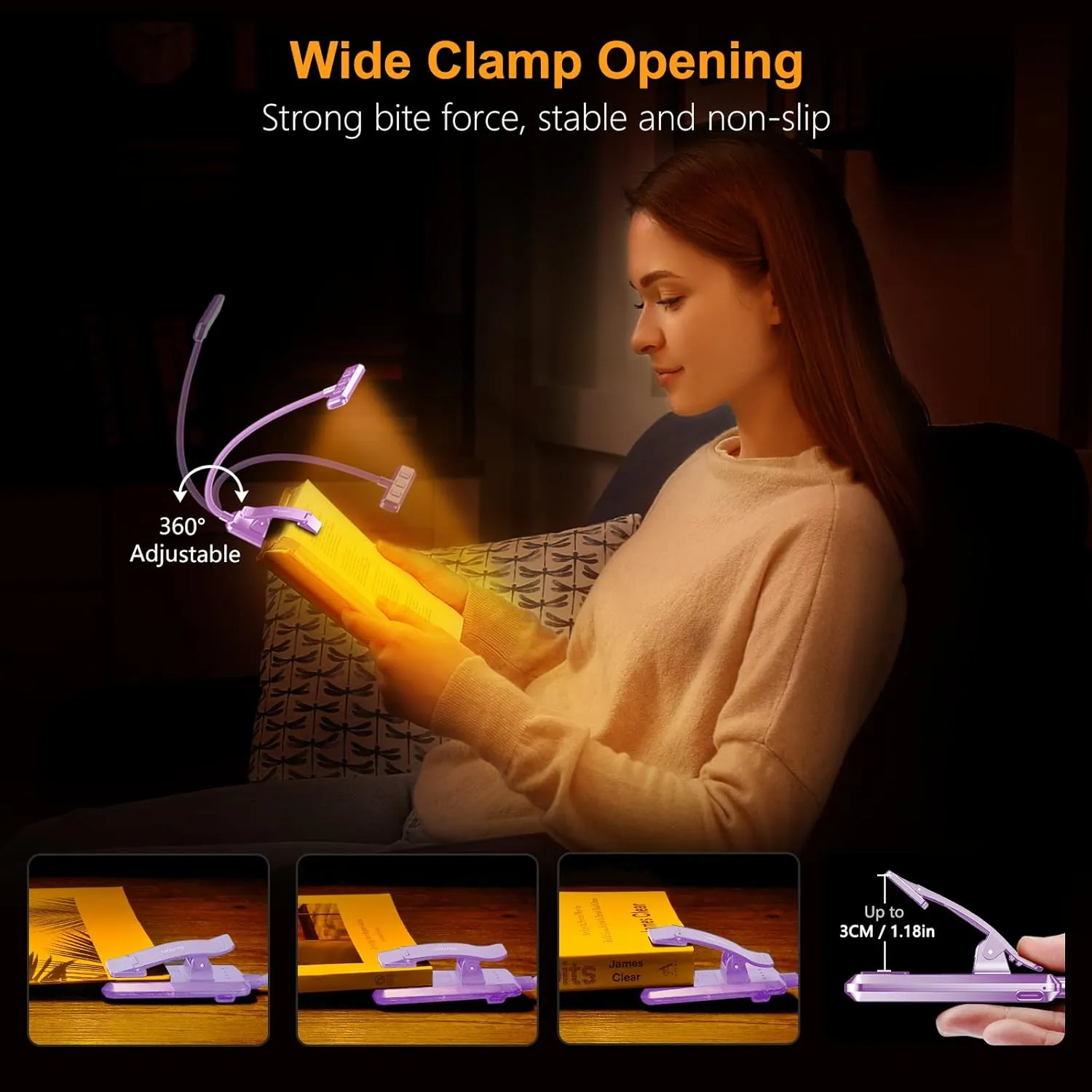 Gritin 19 LED Rechargeable Book Light for Reading in Bed with Memory Function- Eye Caring 3 Color Temperatures,Stepless Dimming Brightness,80 Hrs Runtime Clip on Light for Book Lovers-Purple