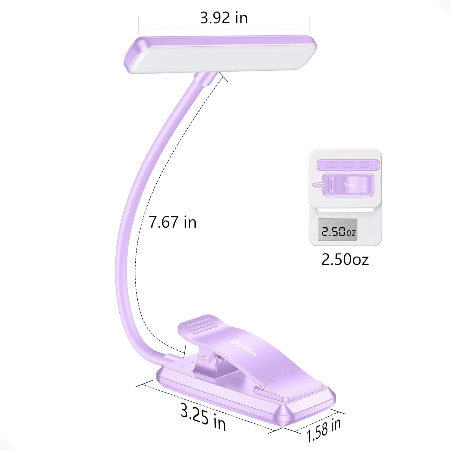 Gritin 19 LED Rechargeable Book Light for Reading in Bed with Memory Function- Eye Caring 3 Color Temperatures,Stepless Dimming Brightness,80 Hrs Runtime Clip on Light for Book Lovers-Purple