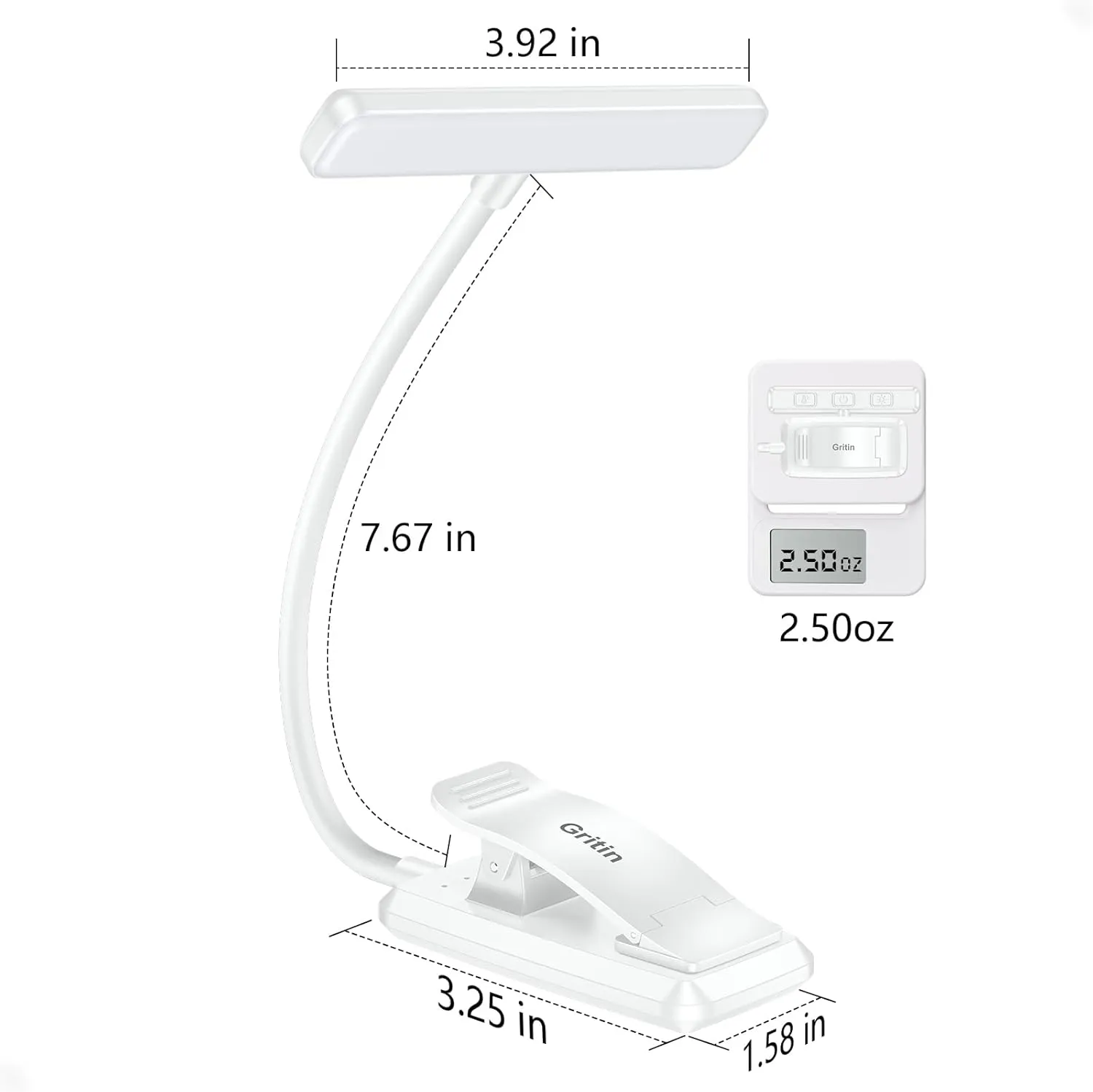 Gritin 19 LED Rechargeable Book Light for Reading in Bed with Memory Function- Eye Caring 3 Color Temperatures,Stepless Dimming Brightness,80 Hrs Runtime Clip on Light for Book Lovers-White