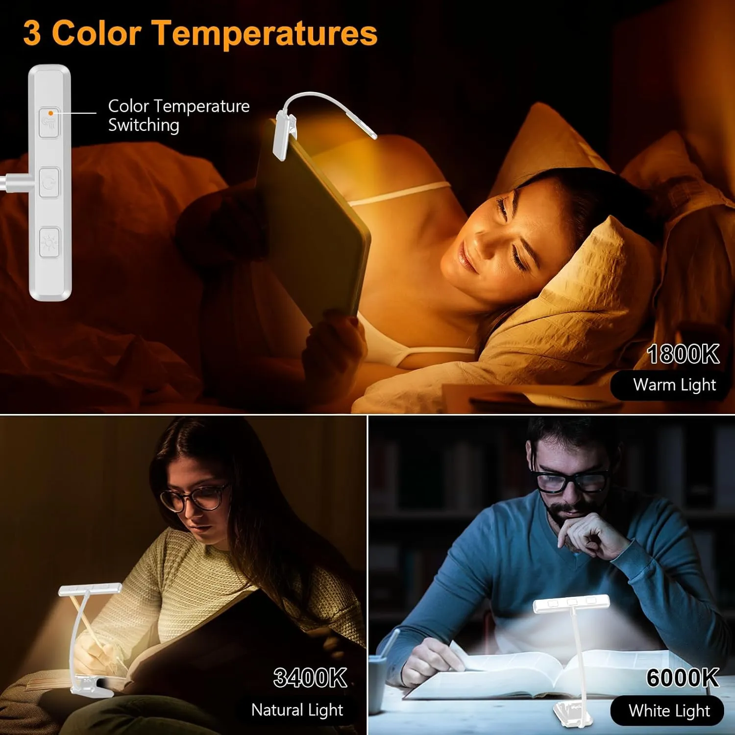Gritin 19 LED Rechargeable Book Light for Reading in Bed with Memory Function- Eye Caring 3 Color Temperatures,Stepless Dimming Brightness,80 Hrs Runtime Clip on Light for Book Lovers-White