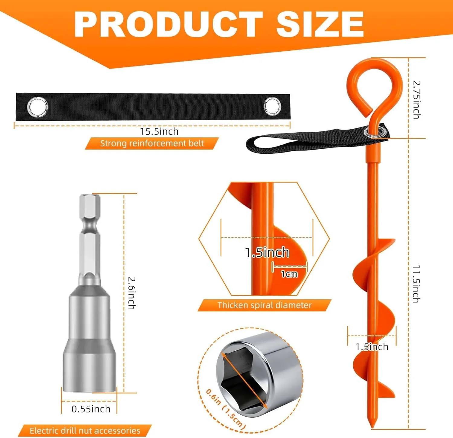 Ground Anchors Tent Stakes, Heavy Duty Trampoline Anchors Ground Anchors Screw in, Earth Anchors Kit with Straps for Camping Tent, Canopies, Sheds, Swing Sets(4 Pack,Orange)
