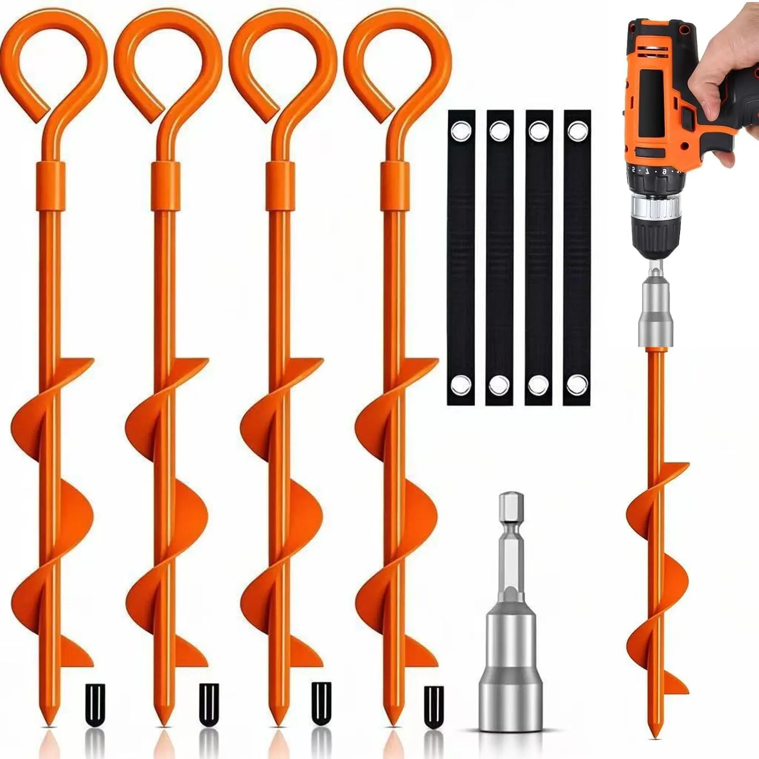 Ground Anchors Tent Stakes, Heavy Duty Trampoline Anchors Ground Anchors Screw in, Earth Anchors Kit with Straps for Camping Tent, Canopies, Sheds, Swing Sets(4 Pack,Orange)