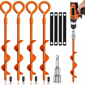 Ground Anchors Tent Stakes, Heavy Duty Trampoline Anchors Ground Anchors Screw in, Earth Anchors Kit with Straps for Camping Tent, Canopies, Sheds, Swing Sets(4 Pack,Orange)