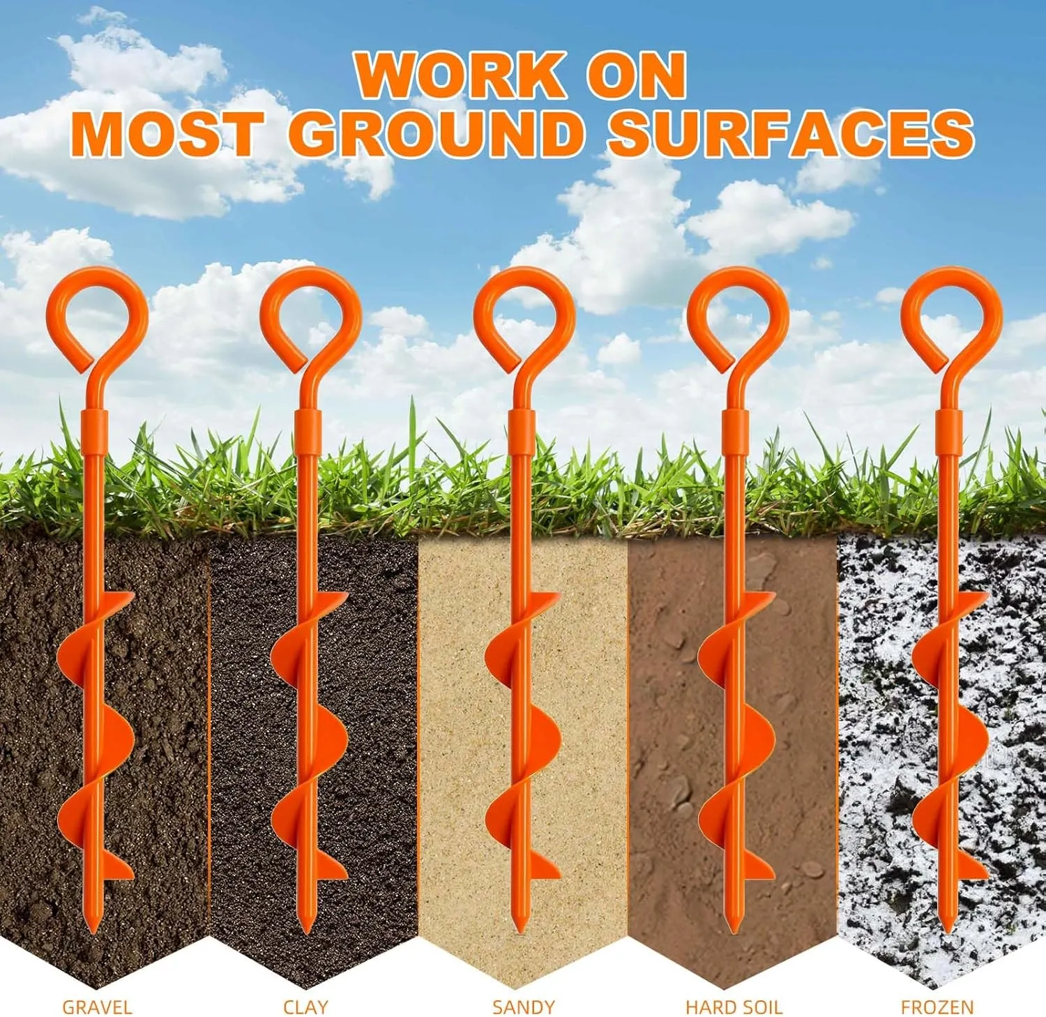 Ground Anchors Tent Stakes, Heavy Duty Trampoline Anchors Ground Anchors Screw in, Earth Anchors Kit with Straps for Camping Tent, Canopies, Sheds, Swing Sets(4 Pack,Orange)