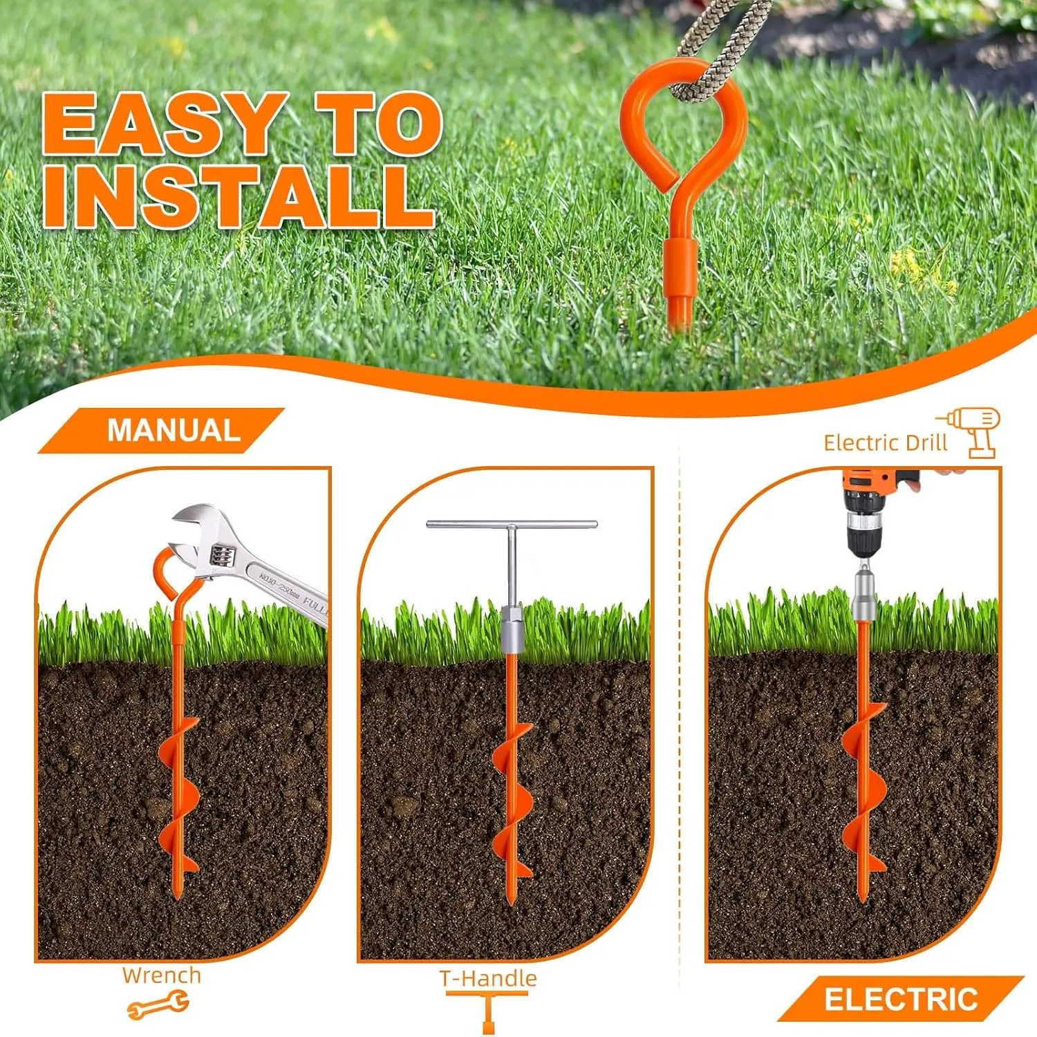 Ground Anchors Tent Stakes, Heavy Duty Trampoline Anchors Ground Anchors Screw in, Earth Anchors Kit with Straps for Camping Tent, Canopies, Sheds, Swing Sets(4 Pack,Orange)