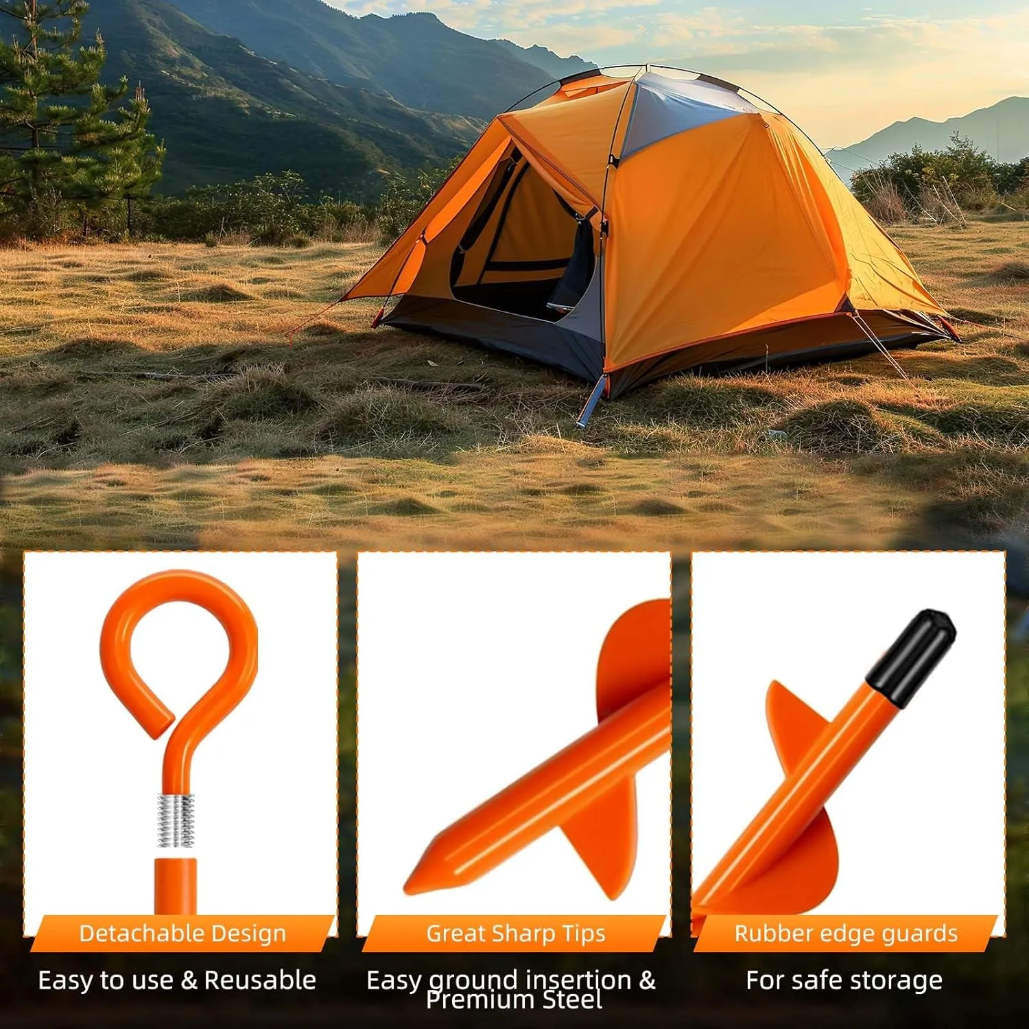 Ground Anchors Tent Stakes, Heavy Duty Trampoline Anchors Ground Anchors Screw in, Earth Anchors Kit with Straps for Camping Tent, Canopies, Sheds, Swing Sets(4 Pack,Orange)