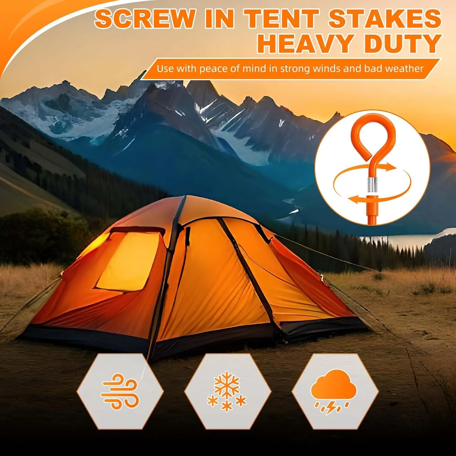 Ground Anchors Tent Stakes, Heavy Duty Trampoline Anchors Ground Anchors Screw in, Earth Anchors Kit with Straps for Camping Tent, Canopies, Sheds, Swing Sets(4 Pack,Orange)